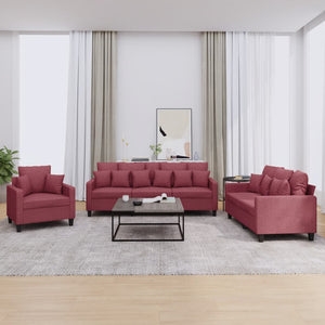 Set di Divani 3 pz con Cuscini Rosso Vino in Tessuto 3201638