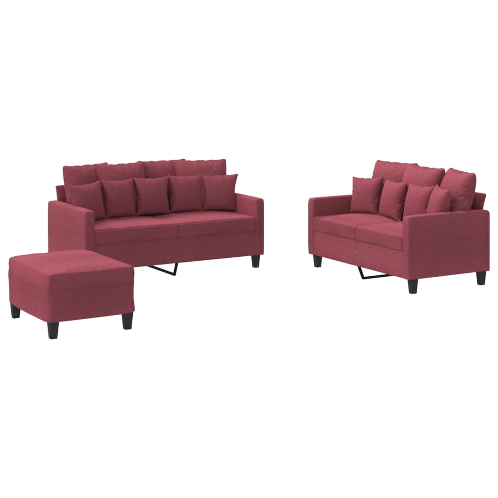 Set di Divani 3 pz con Cuscini Rosso Vino in Tessuto 3201662