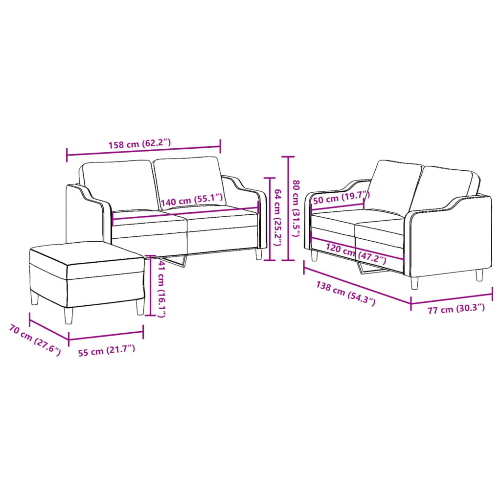 Set di Divani 3 pz con Cuscini Crema in Tessuto