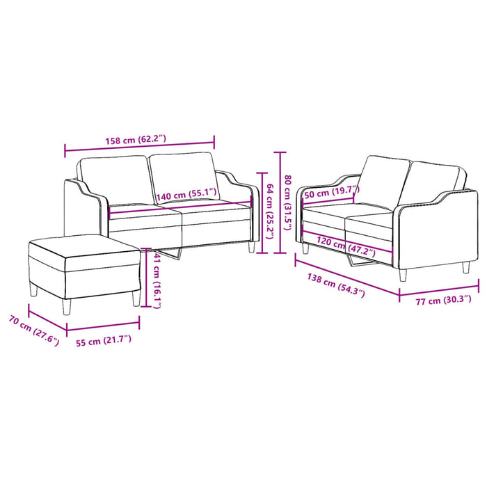 Set di Divani 3 pz con Cuscini Crema in Tessuto