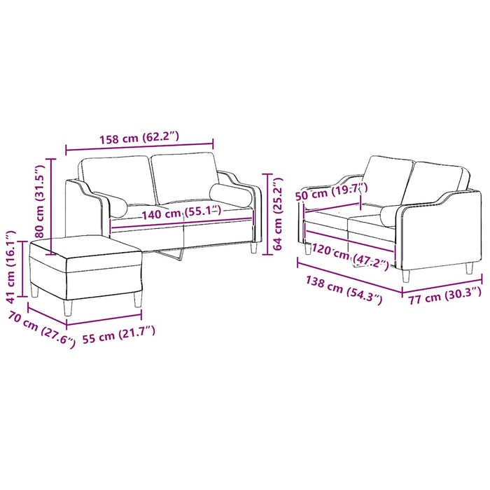 Set Divani 3 pz con Cuscini Grigio Chiaro in Tessuto