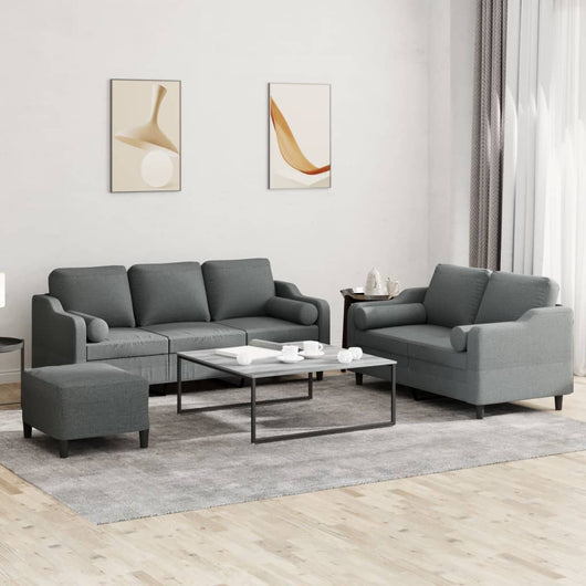 Set di Divani 3 pz con Cuscini Grigio Scuro in Tessuto