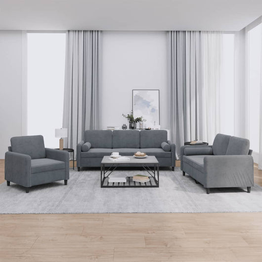 Set di Divani 3 pz con Cuscini Grigio Scuro in Velluto