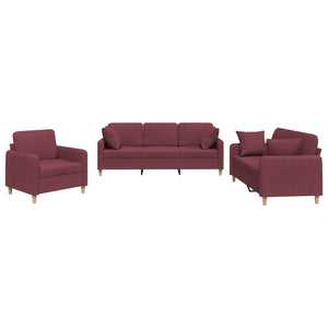 Set di Divani 3 pz con Cuscini Rosso Vino in Tessuto 3202076
