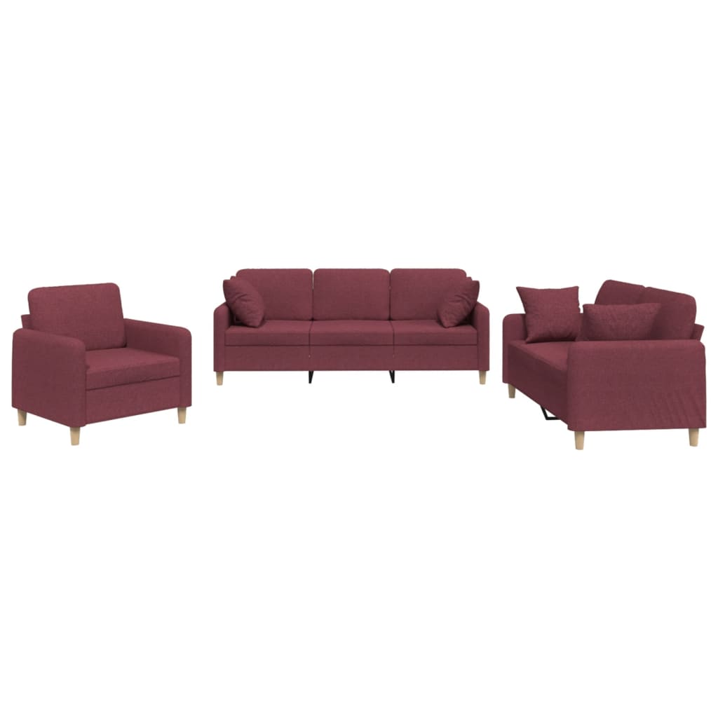 Set di Divani 3 pz con Cuscini Rosso Vino in Tessuto 3202076