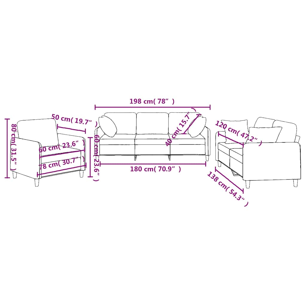 Set Divani 3 pz con Cuscini Tortora in Tessuto 3202077