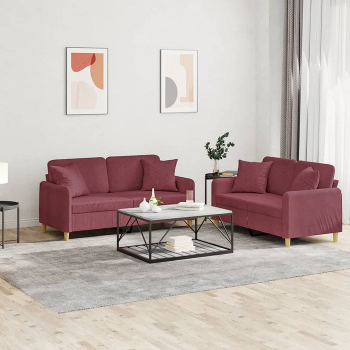 Set di Divani 2 pz con Cuscini Rosso Vino in Tessuto 3202108
