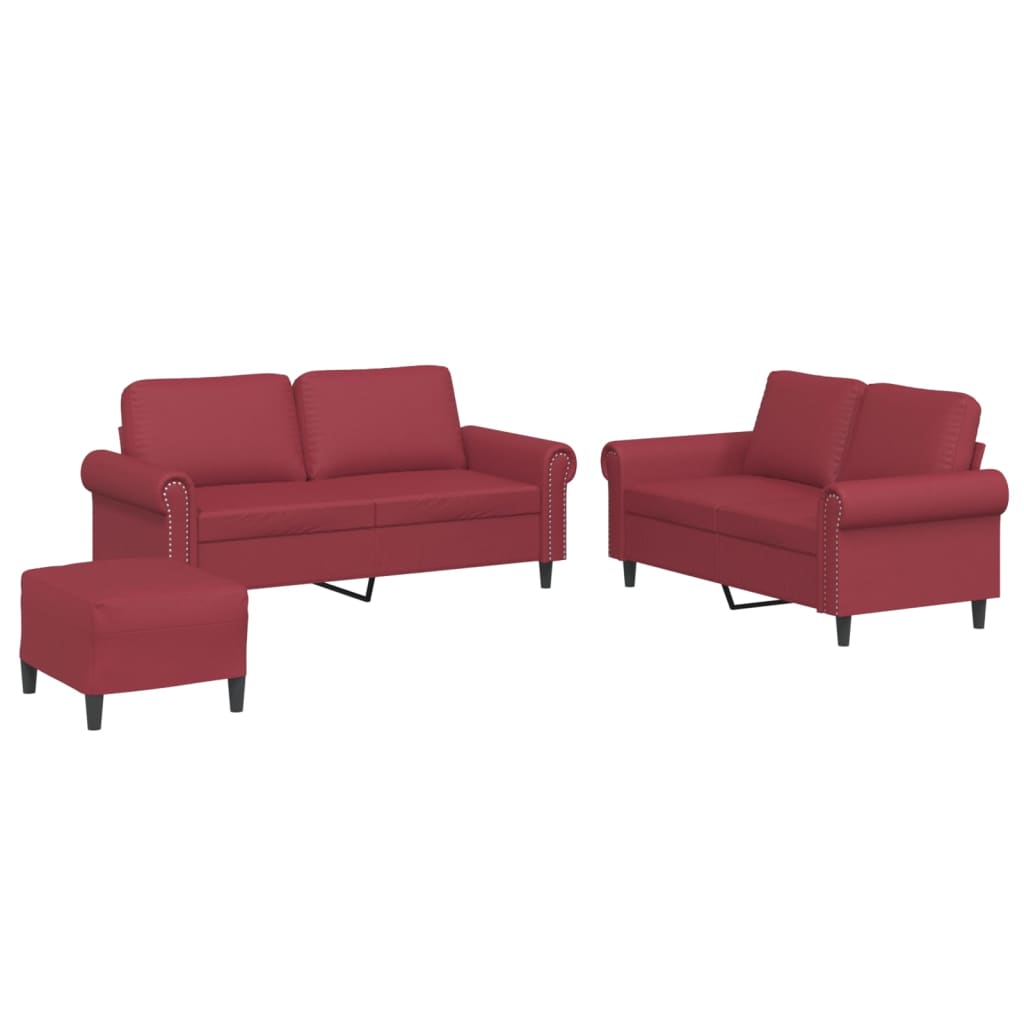 Set di Divani 3 pz con Cuscini Rosso Vino in Similpelle