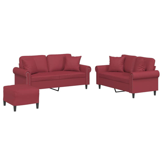 Set di Divani 3 pz con Cuscini Rosso Vino in Similpelle 3202168