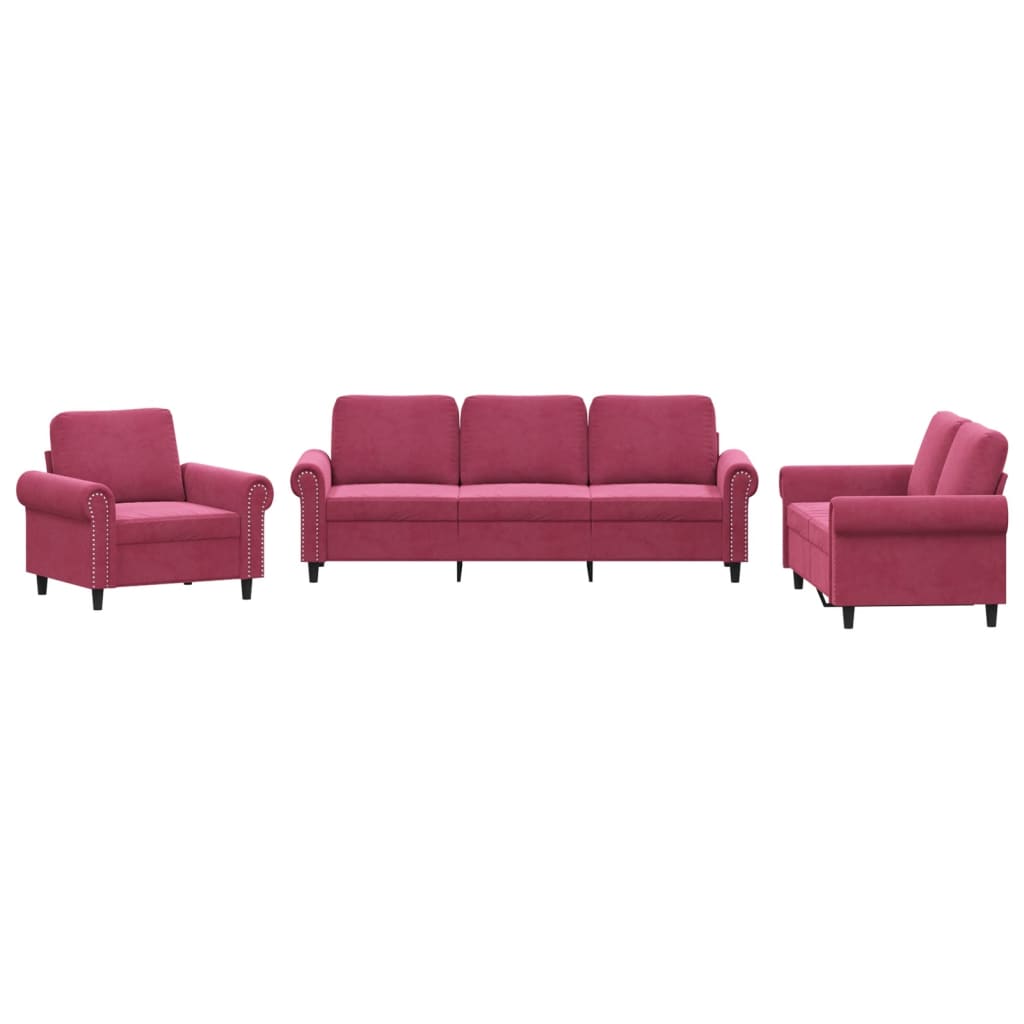 Set di Divani 3 pz con Cuscini Rosso Vino in Vellutocod mxl 131200