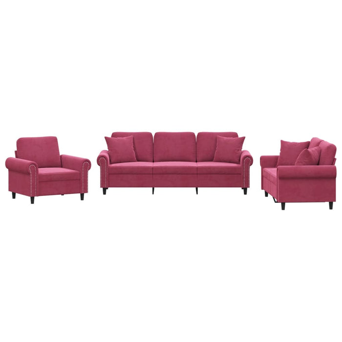 Set di Divani 3 pz con Cuscini Rosso Vino in Velluto 3202194