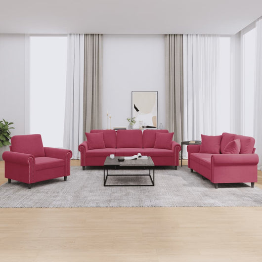 Set di Divani 3 pz con Cuscini Rosso Vino in Velluto 3202194