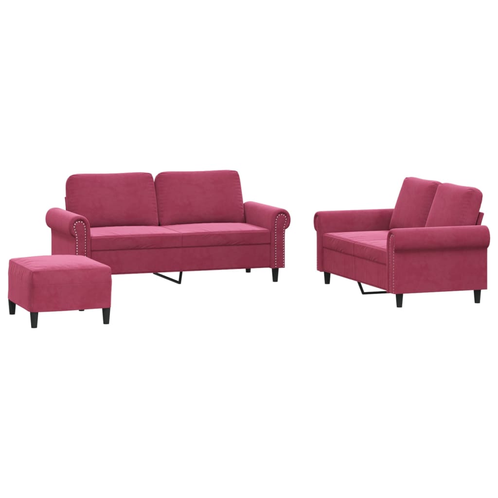 Set di Divani 3 pz con Cuscini Rosso Vino in Velluto 3202224