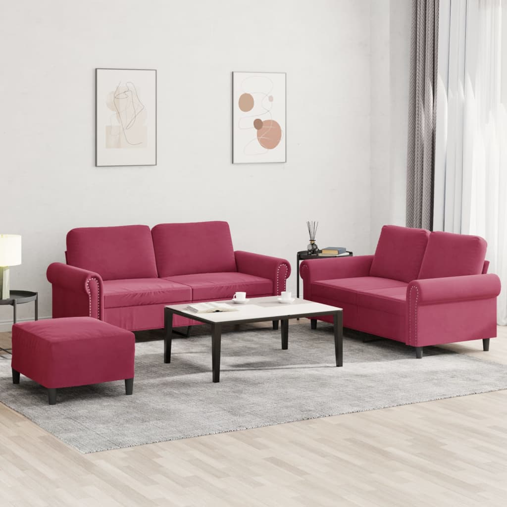 Set di Divani 3 pz con Cuscini Rosso Vino in Velluto 3202224