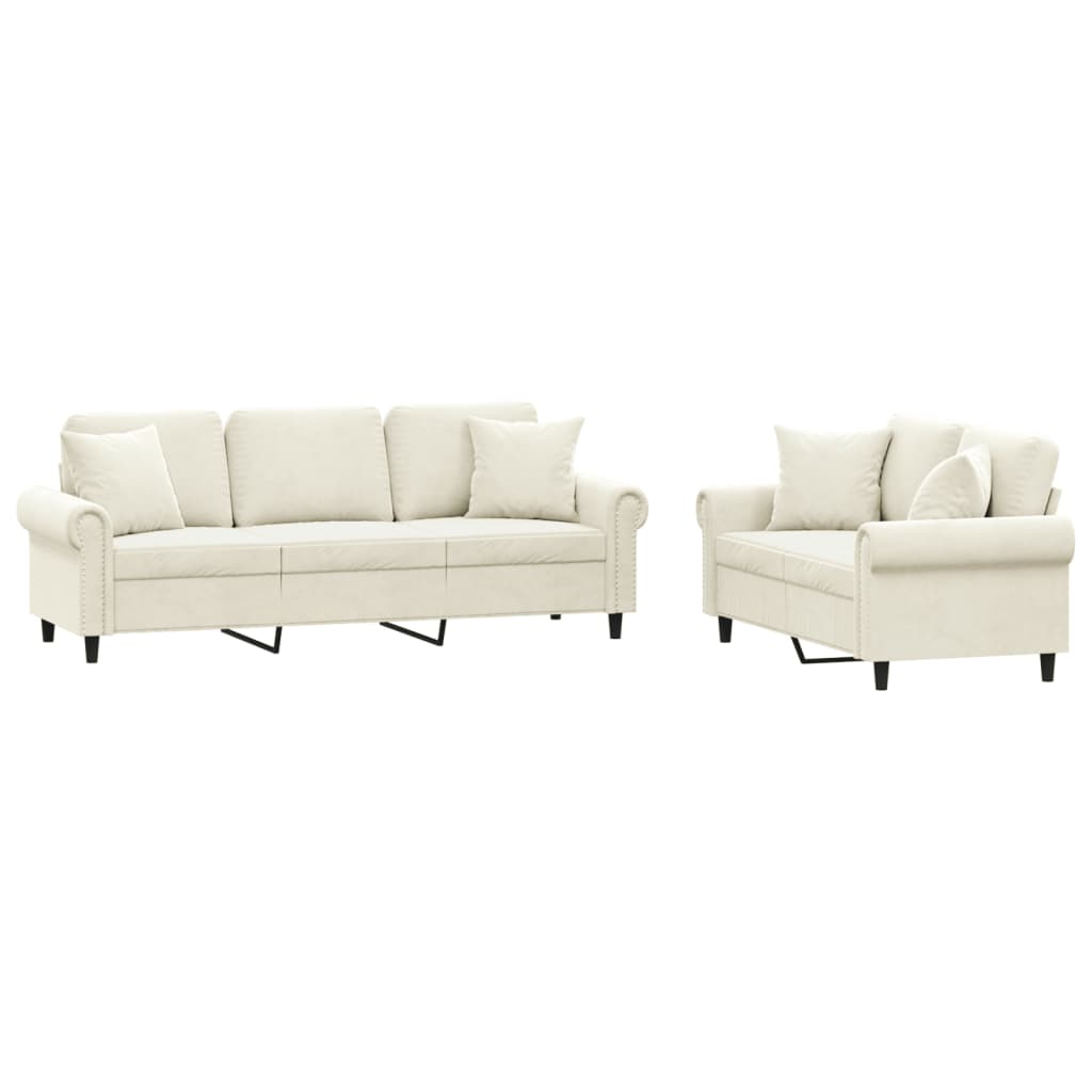Set di Divani 2 pz con Cuscini Crema in Velluto