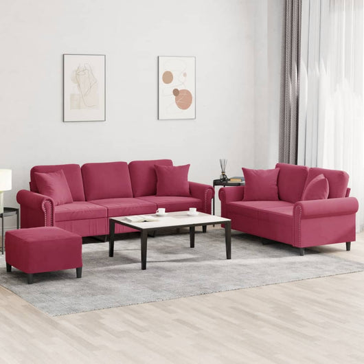 Set di Divani 3 pz con Cuscini Rosso Vino in Velluto 3202284