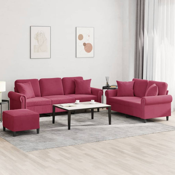Set di Divani 3 pz con Cuscini Rosso Vino in Velluto 3202284