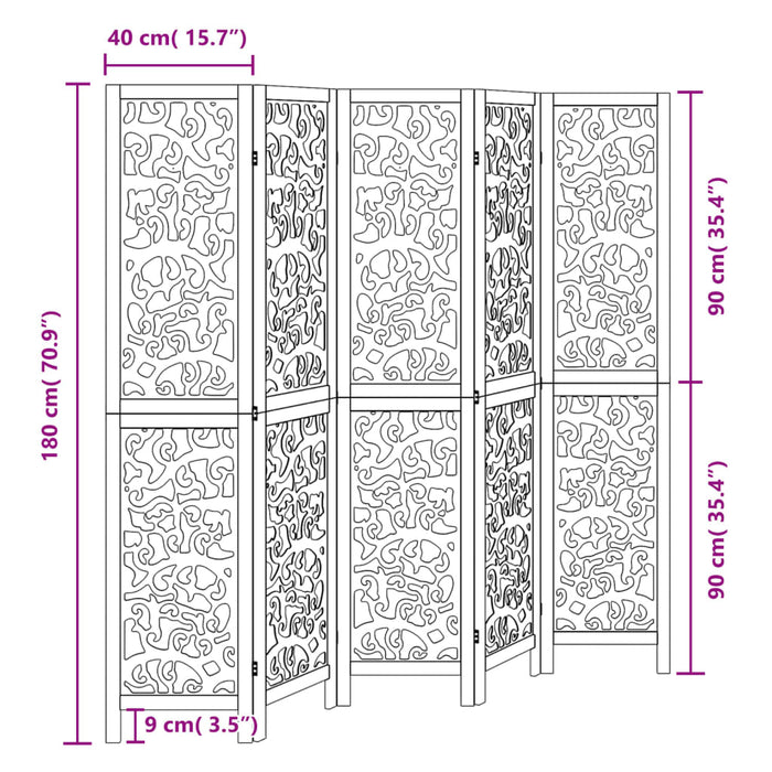 vidaXL Divisorio Ambienti 5 Pannelli Nero Legno Massello di Paulownia