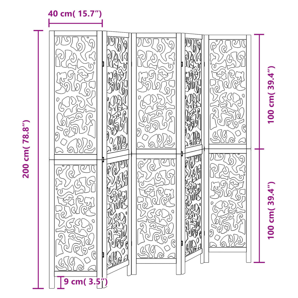 vidaXL Divisorio Ambienti 5 Pannelli Nero Legno Massello di Paulownia