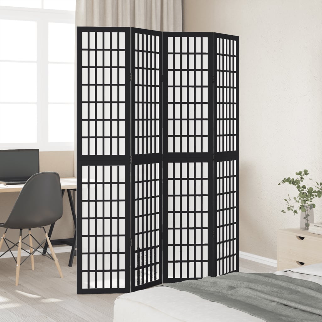 Divisorio Ambienti 4 Pannelli Nero Legno Massello di Paulownia 358771