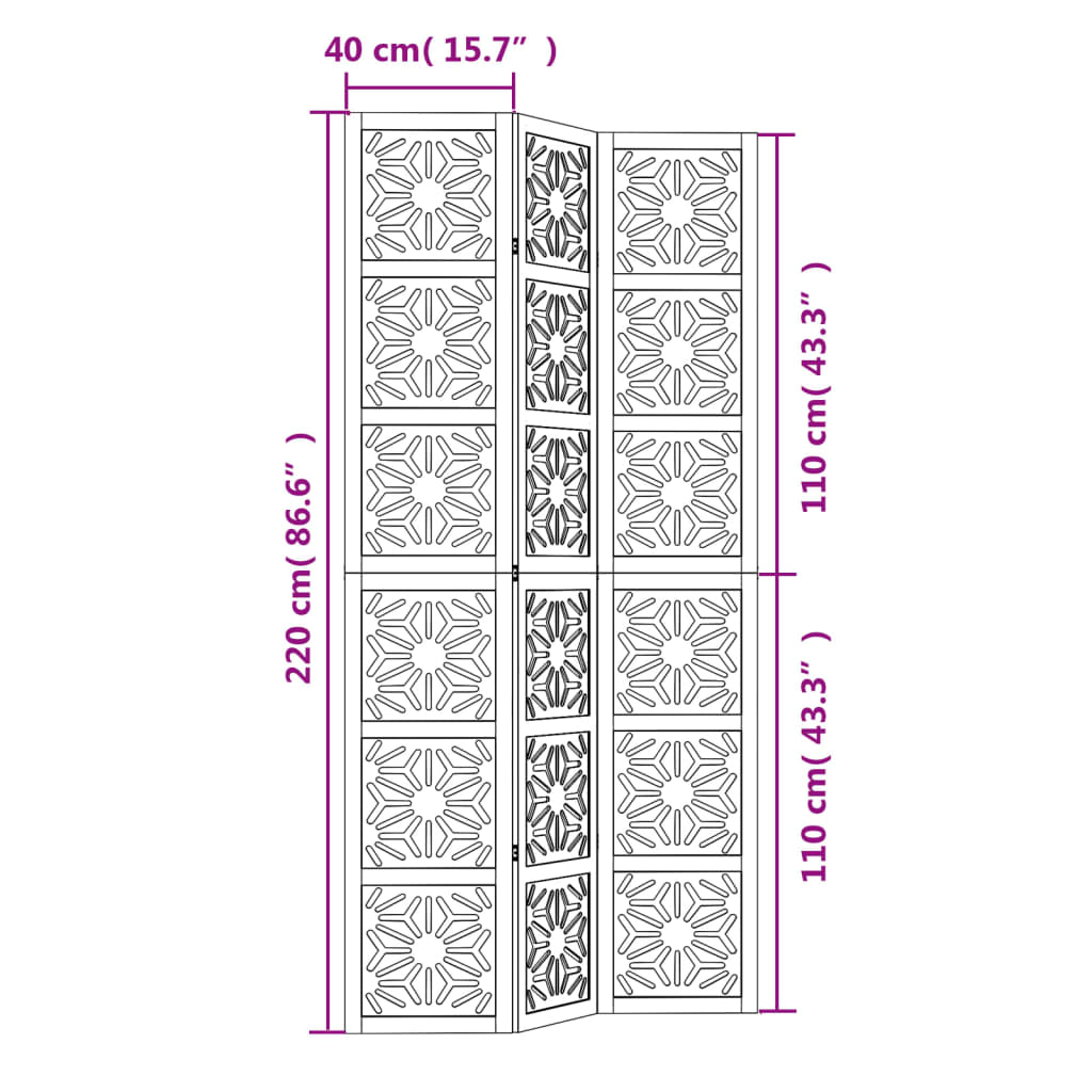 vidaXL Divisorio Ambienti 3 Pannelli Marrone e Nero Massello Paulownia