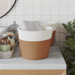 Cestini Portaoggetti 2pz Marrone e Bianco Ø24x18 cm in Cotone 358454