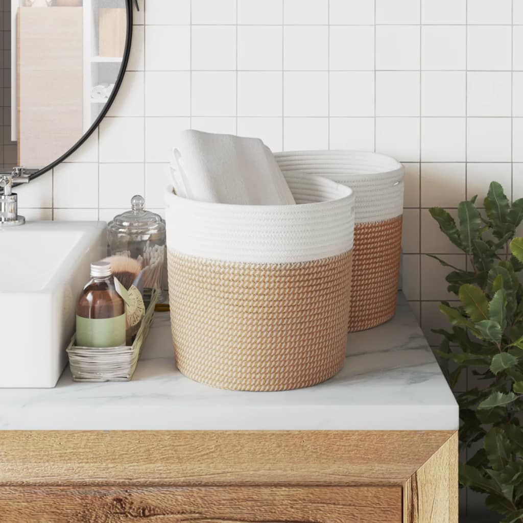 Cestini Portaoggetti 2pz Marrone e Bianco Ø28x28 cm in Cotone 358460