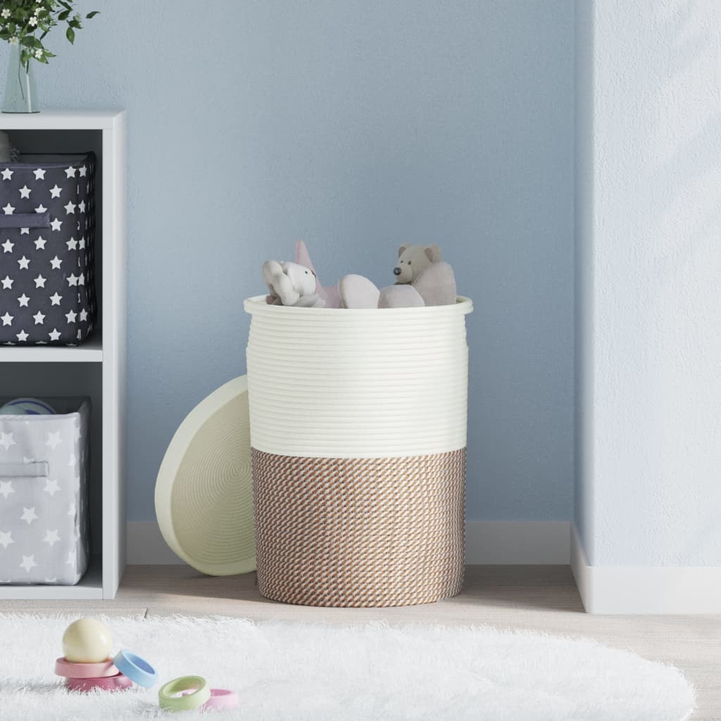 vidaXL Cestino Portaoggetti Coperchio Marrone e Bianco Ø37x50cm Cotone