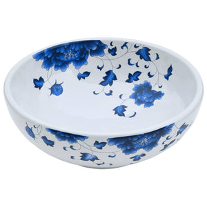 Lavabo da Appoggio Bianco e Blu Rotondo ?41x14 cm Ceramica