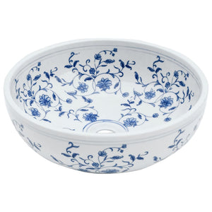 Lavabo da Appoggio-Lavandino-Lavello Bianco e Blu Rotondo ¦µ41x14 cm Ceramica 609996
