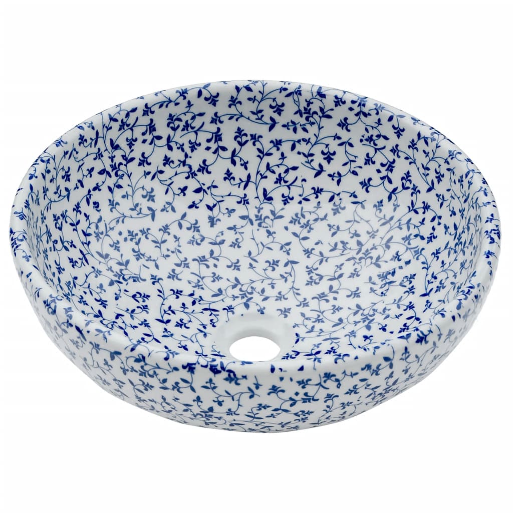 vidaXL Lavabo da Appoggio Bianco e Blu Rotondo Φ41x14 cm Ceramica