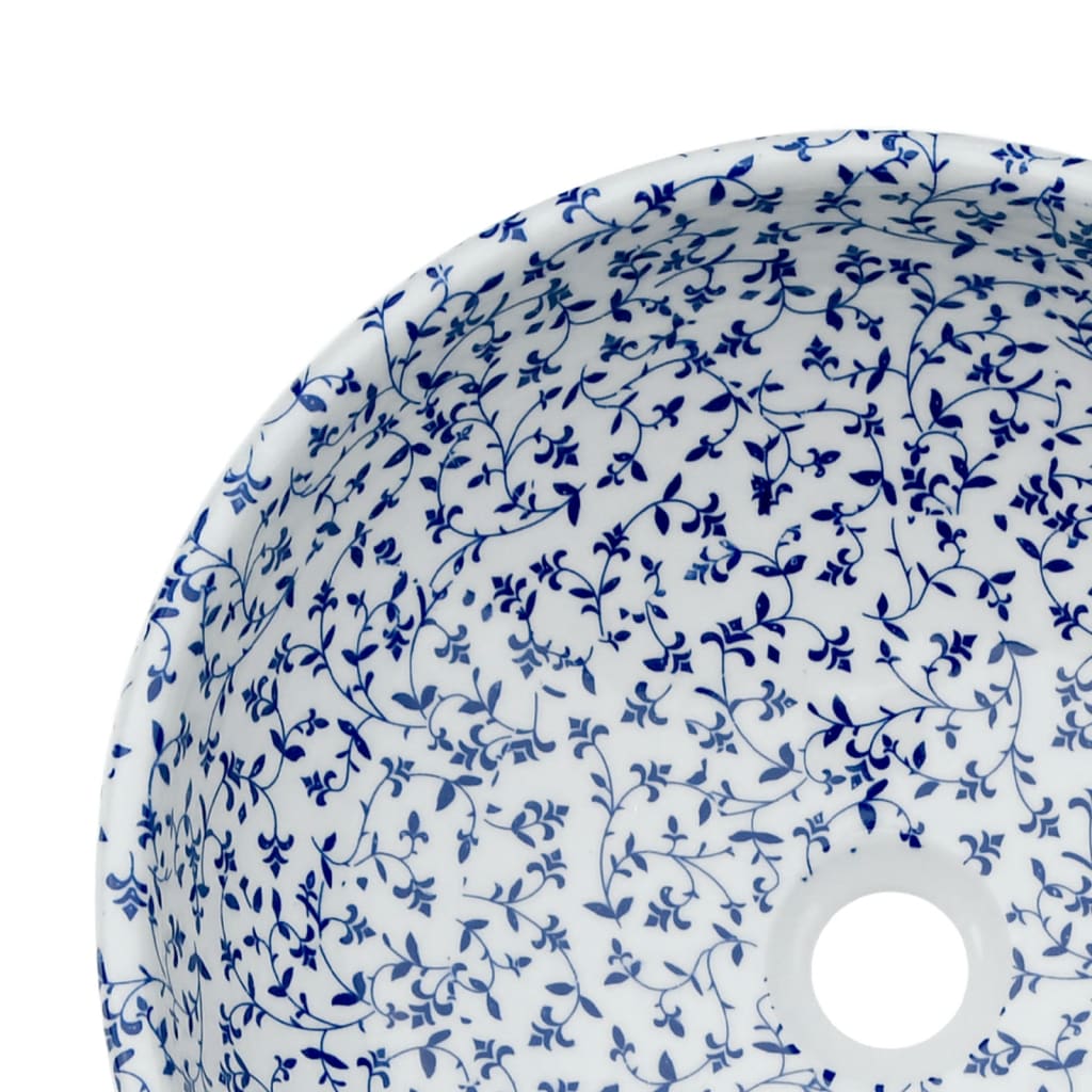 Lavabo da Appoggio-Lavandino-Lavello Bianco e Blu Rotondo ¦µ41x14 cm Ceramica 318246