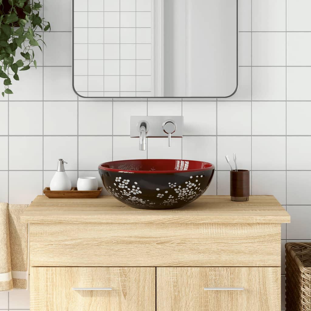 Lavabo da Appoggio Nero e Rosso Rotondo Φ41x14 cm Ceramica 155051