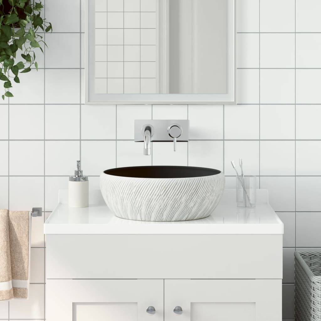 Lavabo da Appoggio-Lavandino-Lavello Nero e Grigio Rotondo ¦µ41x14 cm Ceramica