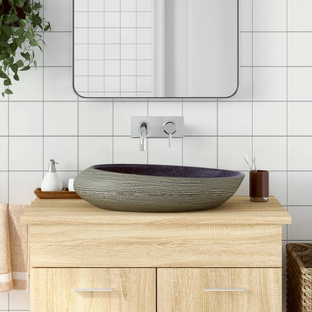 Lavabo da Appoggio-Lavandino-Lavello Viola e Grigio Ovale 59x40x14 cm Ceramica