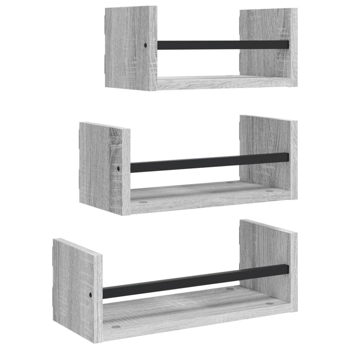 Set Mensole Parete con Aste 3pz Grigio Sonoma Legno Multistrato 835447