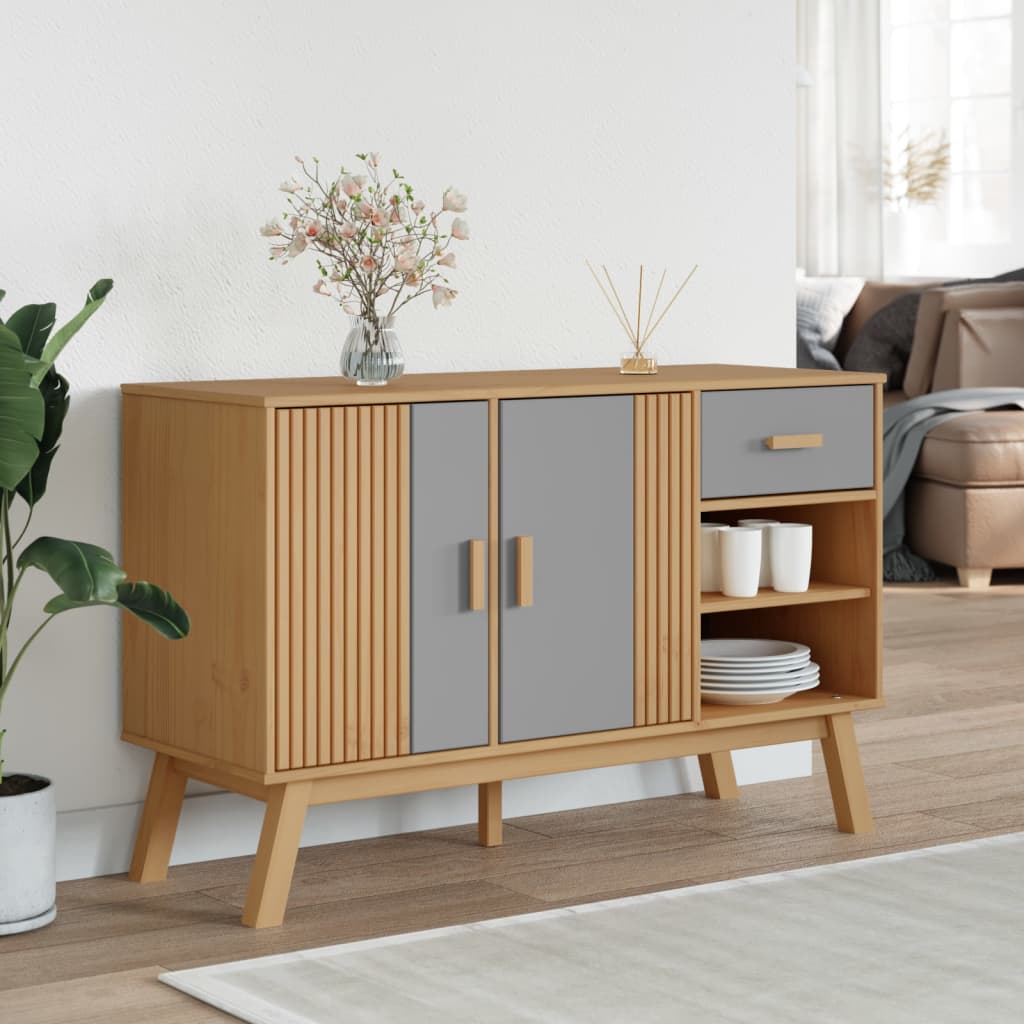Credenza OLDEN Grigia e Marrone 114x43x73,5 cm Massello di Pino 358607