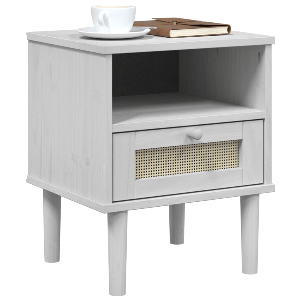 Comodino SENJA Bianco Aspetto Rattan 40x35x48 cm in Legno Pino 358011