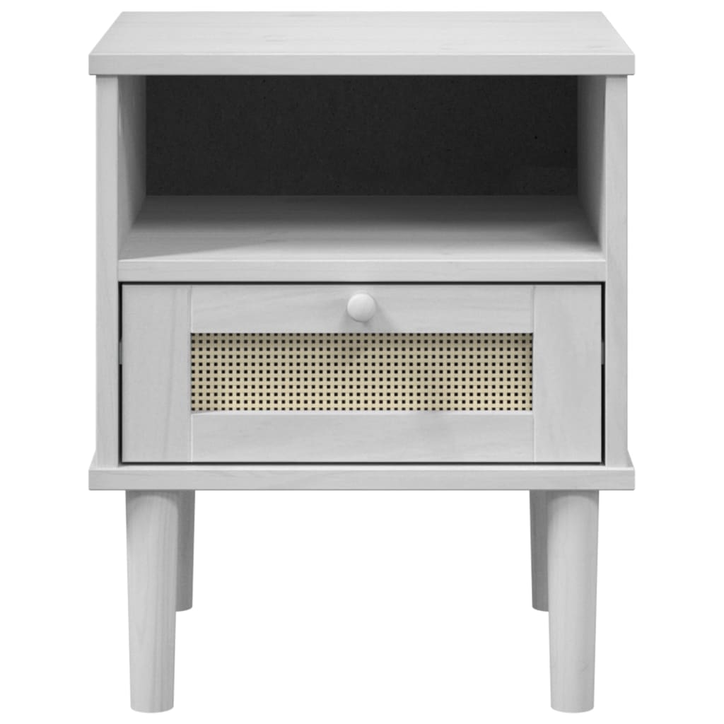 Comodino SENJA Bianco Aspetto Rattan 40x35x48 cm in Legno Pino 358011
