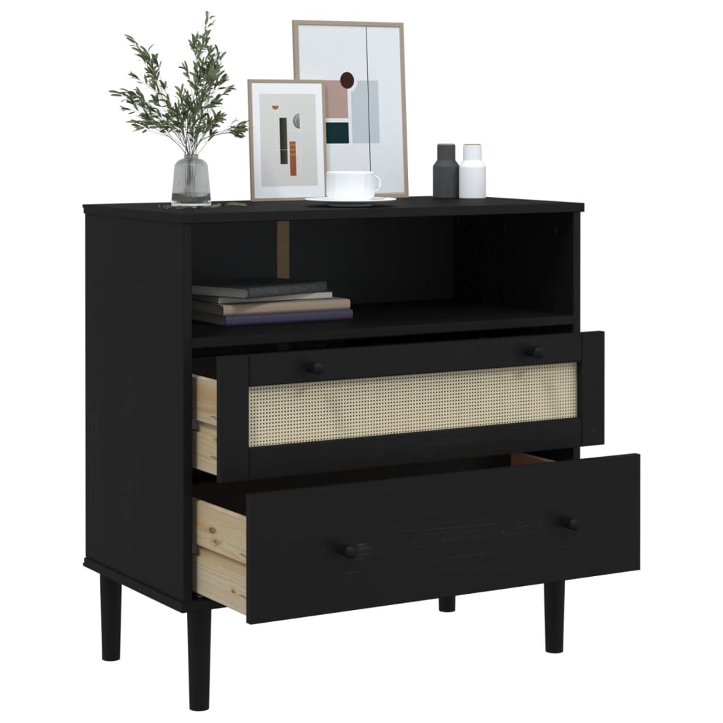 Credenza SENJA Aspetto Rattan Nero 80x40x80 cm Massello Pino 358021