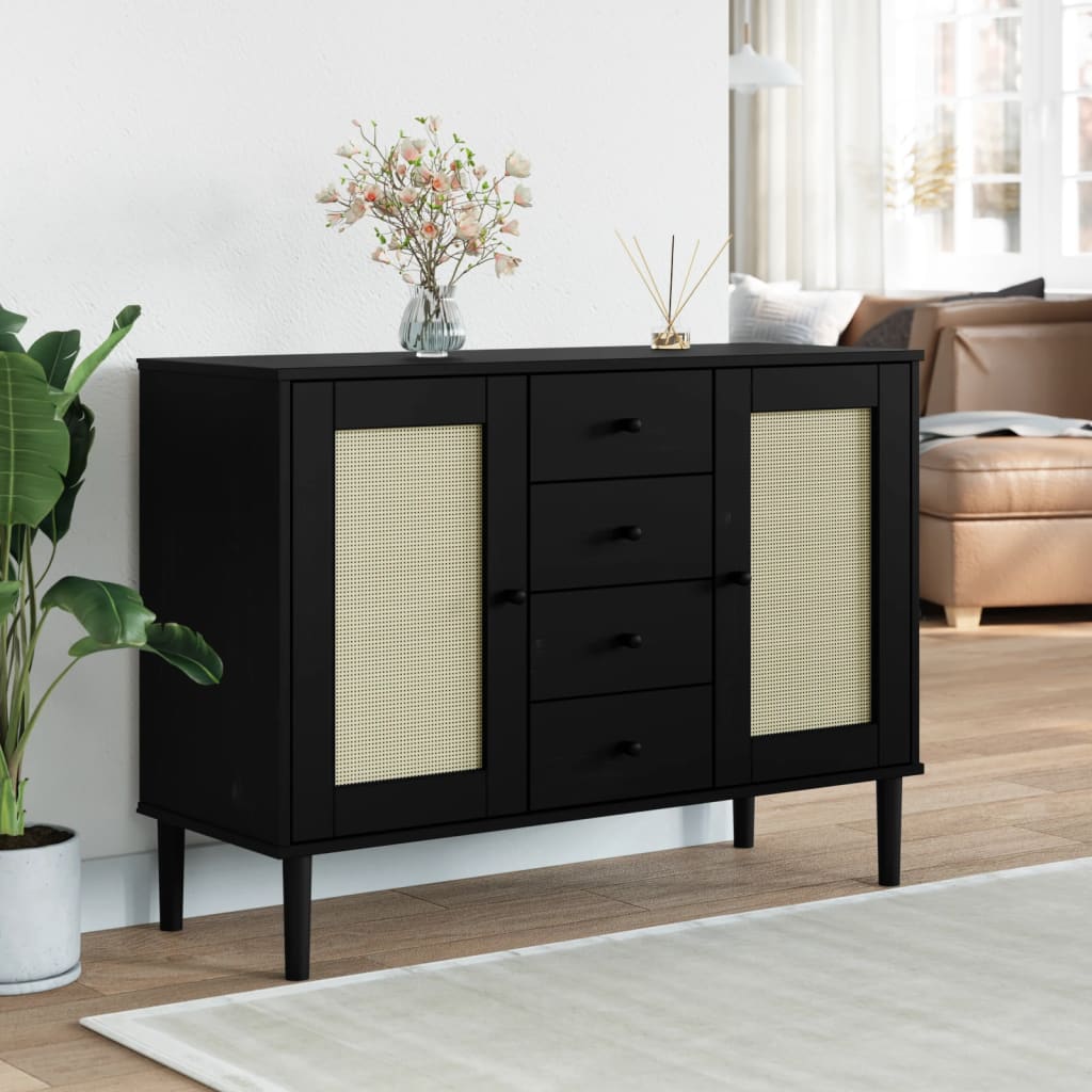 Credenza SENJA Aspetto Rattan Nero 112x40x80 cm Massello Pinocod mxl 108004