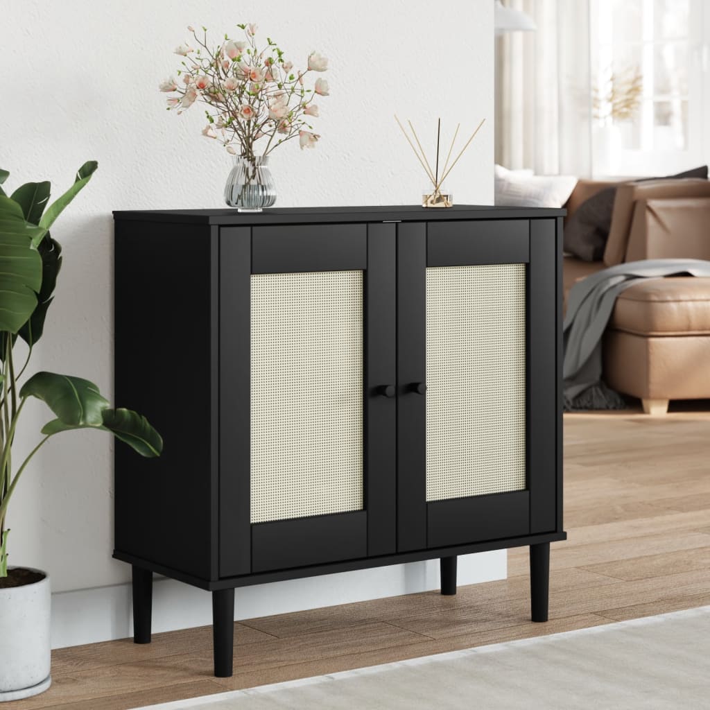 Credenza SENJA Aspetto Rattan Nero 80x35x80 cm Massello Pino 358033