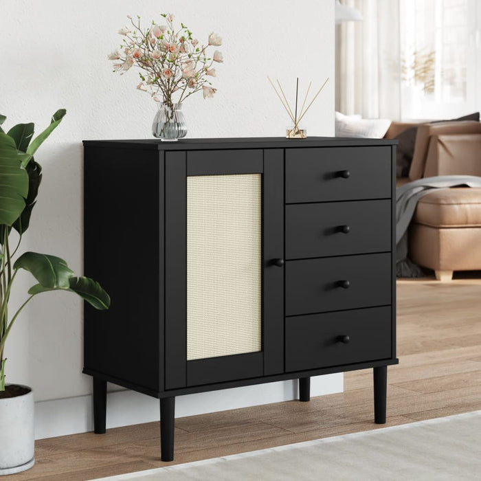 Credenza SENJA Aspetto Rattan Nero 80x40x80 cm Massello Pino 358039