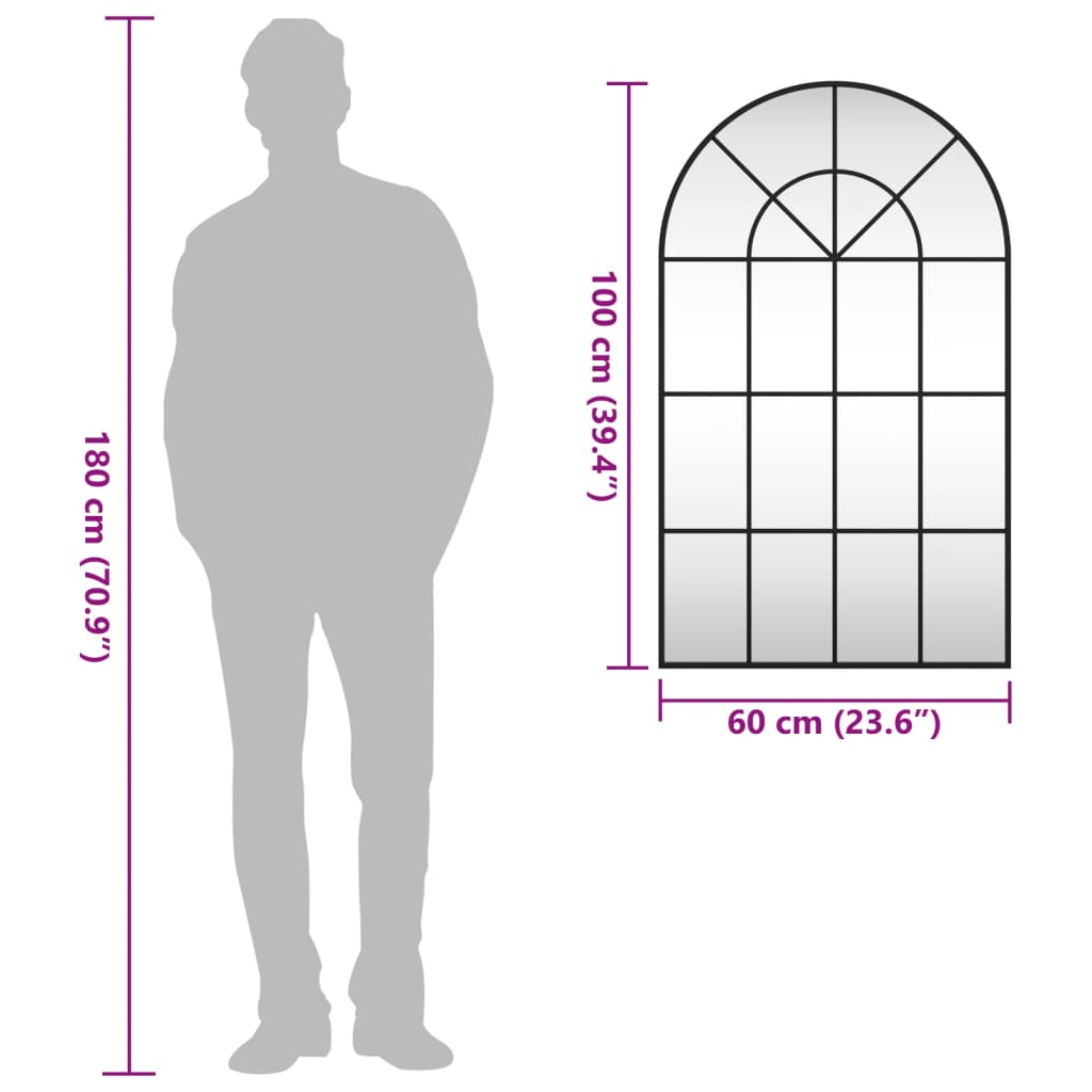 Specchio da Parete-Specchio a Muro-Specchio Decorativo Nero 60x100 cm Arco in Ferro