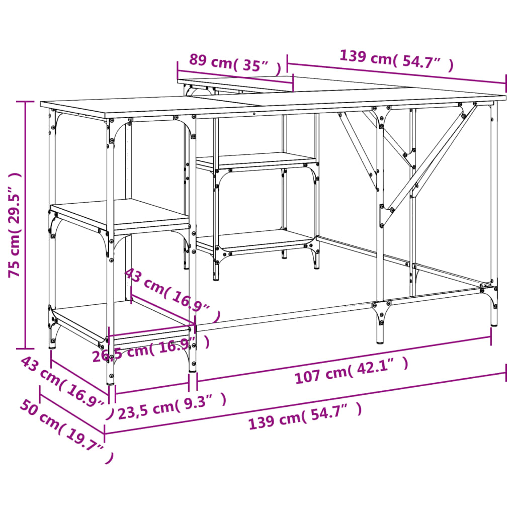 Scrivania tavolo postazione di lavoro mobile per computer studio IT rovere affumicato 139 x 139 x 75 cm derivati ​​del legno marrone 02_0023574