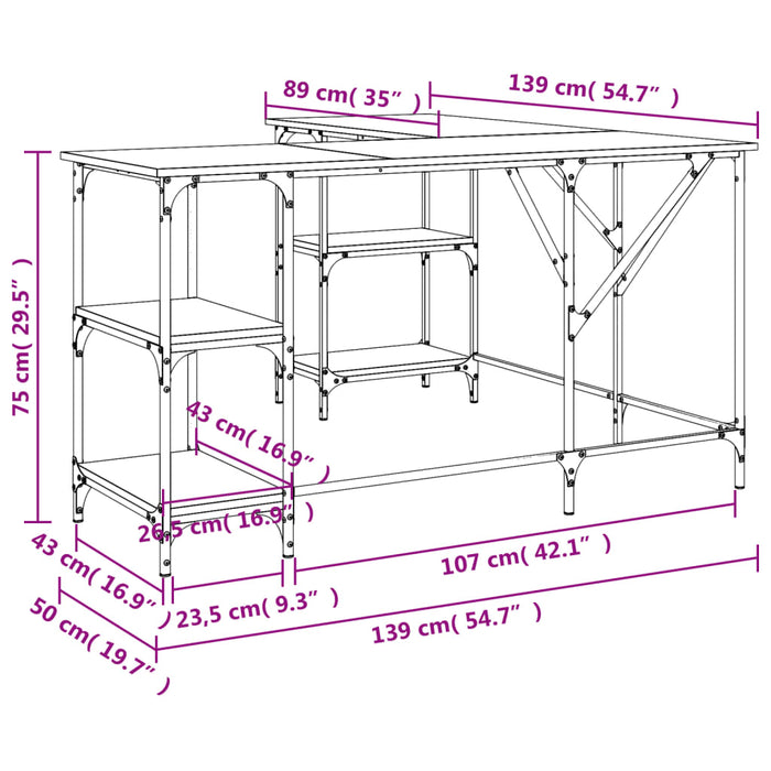 Scrivania tavolo postazione di lavoro mobile per computer studio IT rovere affumicato 139 x 139 x 75 cm derivati ​​del legno marrone 02_0023574