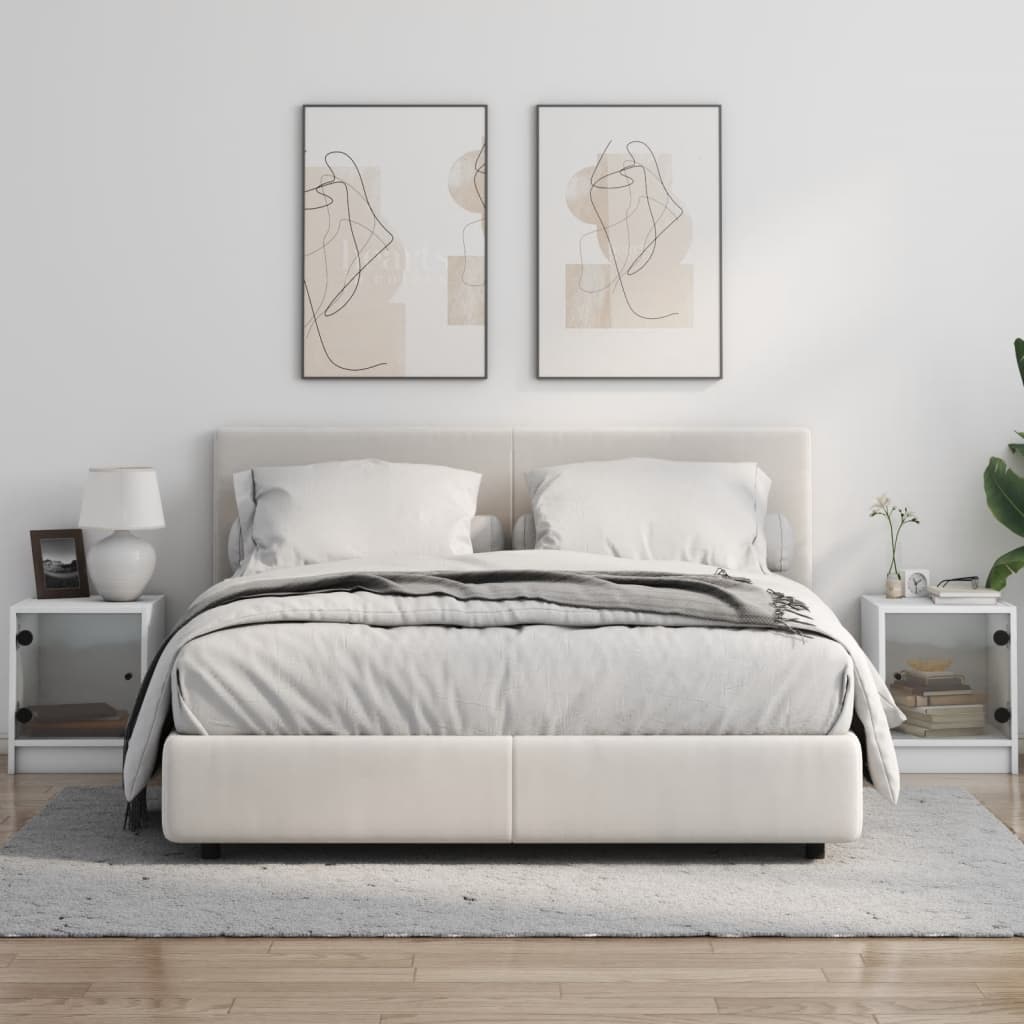 Comodini con Ante in Vetro 2pz-Set di 2 Tavolino da notte Bianco 35x37x42 cm