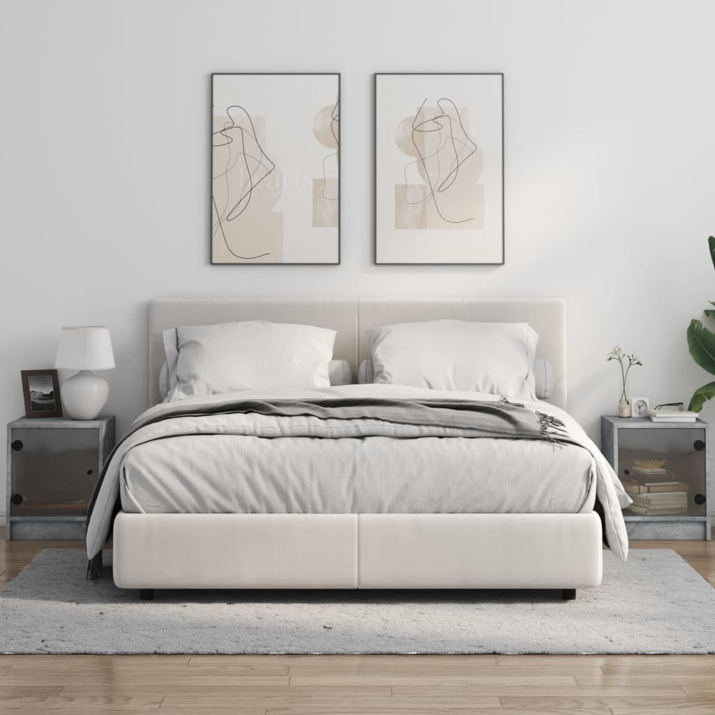 Comodini con Ante in Vetro 2pz-Set di 2 Tavolino da notte Grigio Cemento 35x37x42 cm