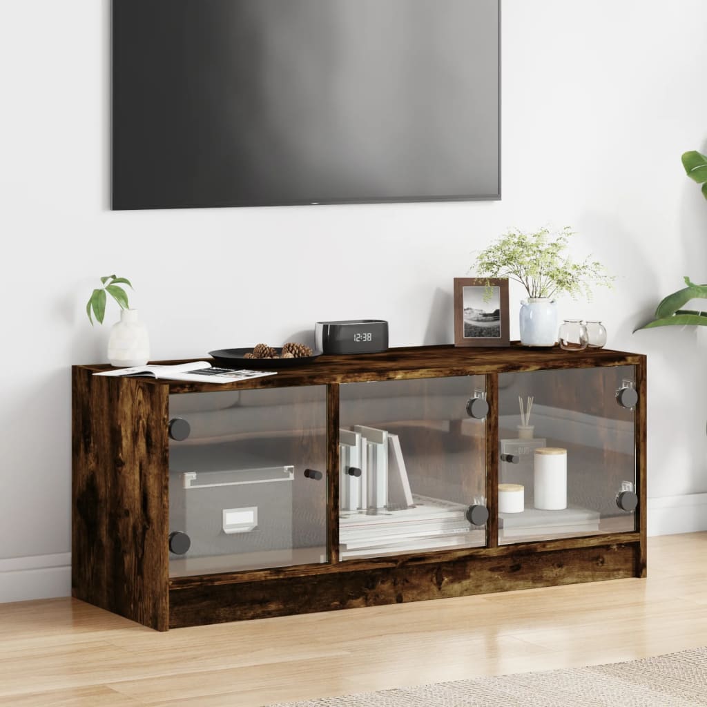 Mobile Porta TV con Ante-Mobile per TV-Credenza TV in Vetro Rovere Fumo 102x37x42 cm