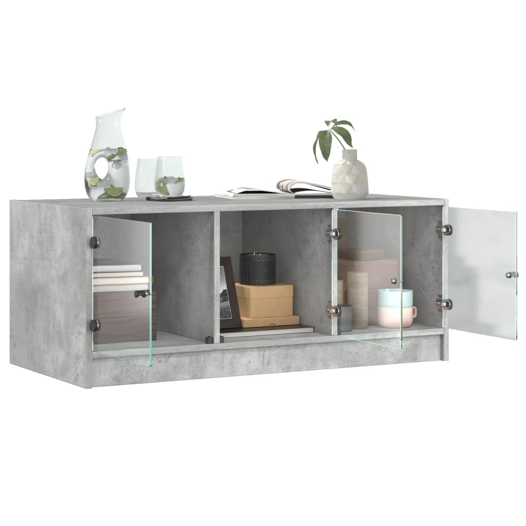 Tavolino Salotto con Ante in Vetro-Tavolino da soggiorno-Tavolo Grigio Cemento 102x50x42 cm
